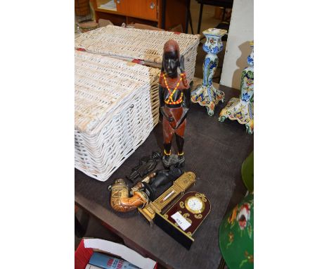 MIXED LOT : MINIATURE MANTEL CLOCK, VARIOUS FIGURES, TOBACCO PIPE ETC