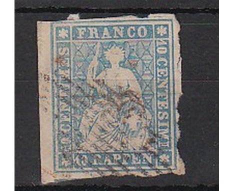 Switzerland - 1854-10 Rappen Light/Sky Blue  SG48, fine used, untidy 4 margins.