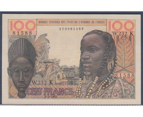 West African States ('K' Senegal) - 1965 100 Francs  Ref P701ka, Grade EF.