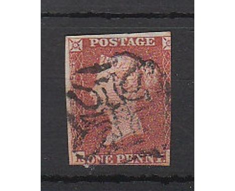 Great Britain - 1841 1d Red 'K-'  Used 'No 12' in Maltese Cross.  Two margins.  Scarce.  SG £350.