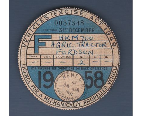 1958 31 December (Annual) Fordson Reg. No. 0057548 (Rare &lsquo;Farmers&rsquo; Licence &ndash; Agricultural Tractor). Origina