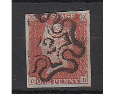 Great Britain - 1841 1d Red 'CD'  Fine used 'No 2' in Maltese Cross, crisp strike, four margins.  SG £180.