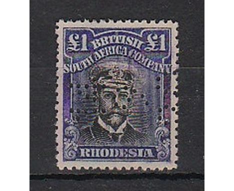 Rhodesia - 1913-22 £1 Black and Violet Indigo  Perfin and very light fiscal cancel SG279a.