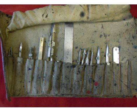 WWI Officers Leather Bound Draftsman's Kit as used for drawing maps and reading plans etc. Royal Army Service kit, 12 utensil