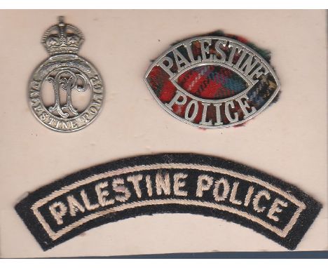 WWII Period Palestine Police Cap badge, shoulder title and Cloth patch. White metal.