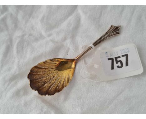 A Victorian caddy spoon with gilt shell bowl, markers mark RS only