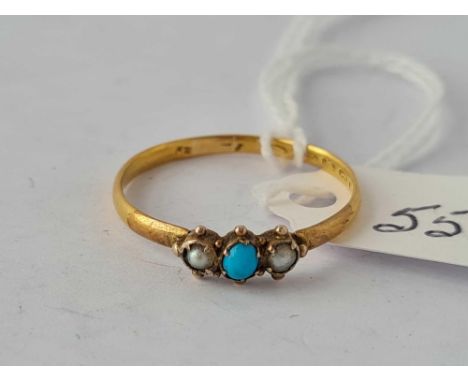 A Georgian turquoise and pearl ring 22ct gold size R    1.5 gms