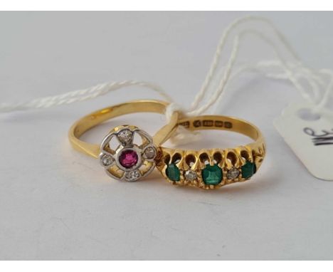 TWO 18CT GOLD RINGS A RUBY AND DIAMOND CLUSTER AND EMERALD AND DIAMOND BOTH SIZE J    6 GMS INC