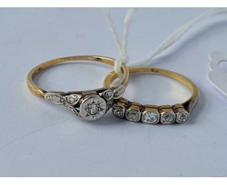 An Edwardian 5 stone diamond ring size I another Edwardian diamond ring size O both 18ct gold 3.8g inc