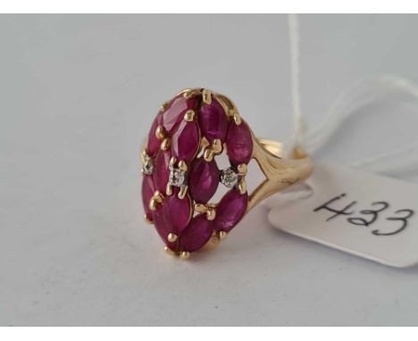 A 1950s ruby and diamond marquise dress ring 14ct gold size Q     4.4 gms