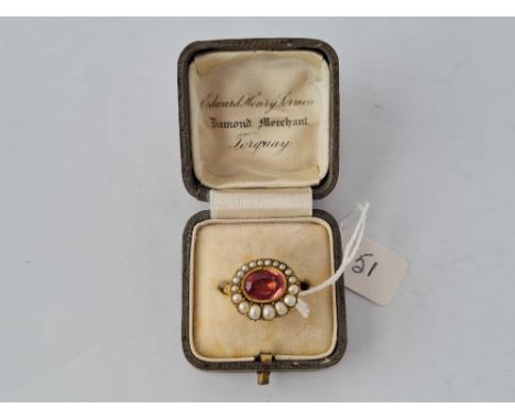 A GEORGIAN HIGH CARAT GOLD PEARL AND PINK TOPAZ RING IN PERIOD BOX SIZE N     3.6 GMS