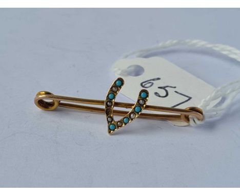 A pearl and turquoise wish bone brooch 9ct       