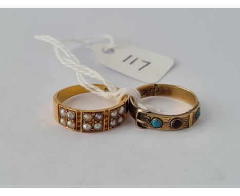 Two antique rings comprising 15ct gold pearl ring and turquoise and red stone ring 9ct