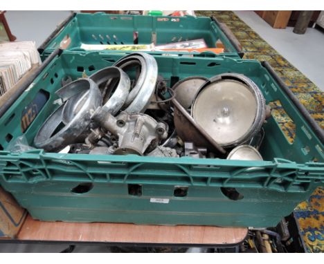 A box of various light fittings, lights and various other vintage car parts