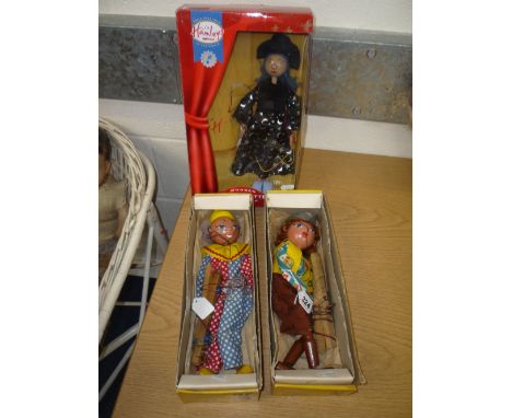 TWO BOXED PELHAM PUPPETS, 'Cowgirl' and 'Clown', both in damaged yellow lidded boxes (clown boxed marked 'Poodle'), with a bo
