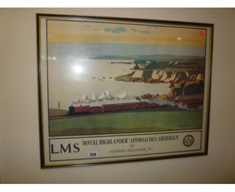 A FRAMED REPRODUCTION L.M.S. RAILWAY POSTER, 'Royal Highlander approaches Aberdeen' by Norman Wilkinson, R.I., size of print 