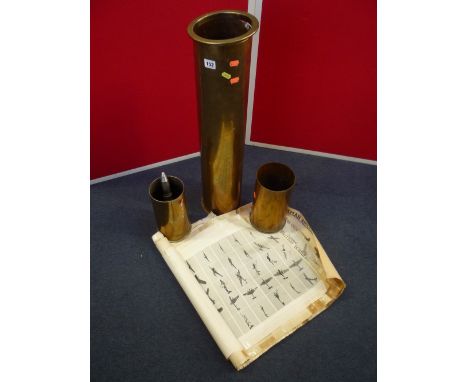 THREE LARGE ARTILLERY SHELLS, together with a small shell, together with a selection of posters illustrating fighter planes e