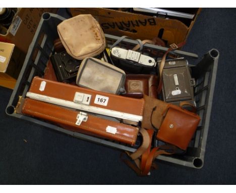 A BOX OF CAMERAS AND CINE CAMERAS, including a Polaroid 800 Land camera, Zeiss Ikon Nettar etc