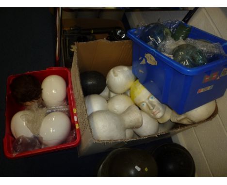 THREE BOXES OF MANNEQUIN HEADS, made mostly from polystyrene but some are ceramic, some with facial features and hair