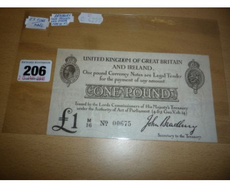 A BRADBURY ONE POUND BANKNOTE, 2nd issue ef/unc M over 16, 00675 type 10 TII light centre fold