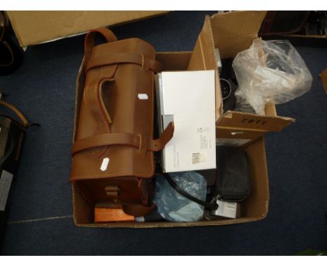A BOX OF CAMERA LENSES AND ACCESSORIES, along with an Olympus Trip 35