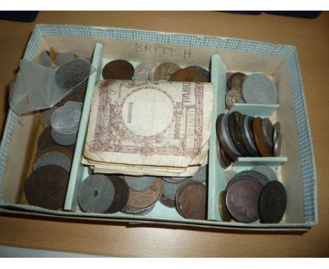 A SMALL BOX OF WORLD COINS, to include a James 1st hammered silver coin, with images OBV-REV counter stamp of Irish Harp etc