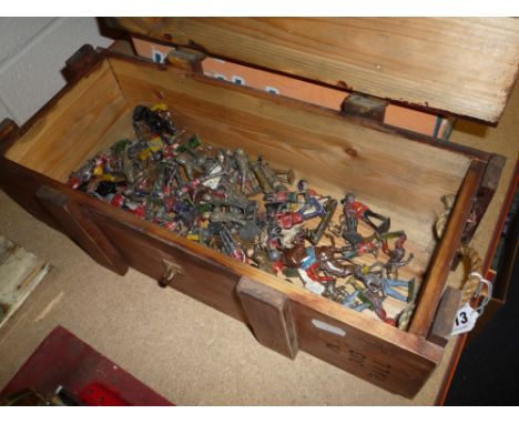 A REPRODUCTION WOODEN AMMUNITION BOX CONTAINING A QUANTITY OF ASSORTED PLAYWORN HOLLOWCAST FIGURES, Britains etc, some damage