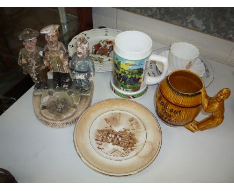 SEVEN MILITARY CERAMIC ITEMS, 'Wish Me Luck' ashtray, 'Roll Out The Barrel' tankard, German tankard, Victorian military ribbo