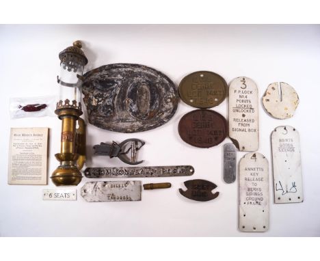Railwayana: a single line tablet hoop, carriage lamp, GWR instruction booklet and various signs