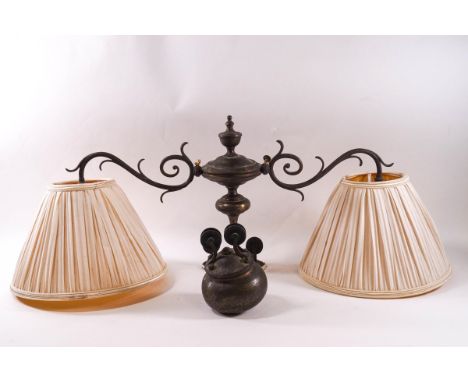 A Victorian brass adjustable two branch hanging ceiling light with pulley mechanism, 54cm wide