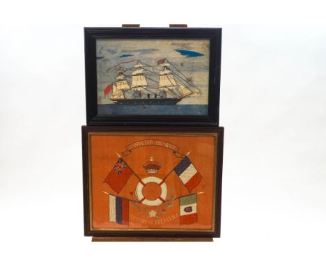 An embroidered 'Gibraltar Present' panel, depicting four flags, a lifebuoy and crown with 'Victory of the Allies' inscription