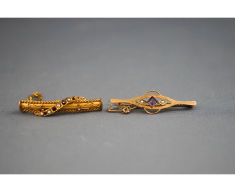 A collection of two bar brooches (boxed) : One of filigree curved bar design set with graduated seed pearls and garnets. Pin 