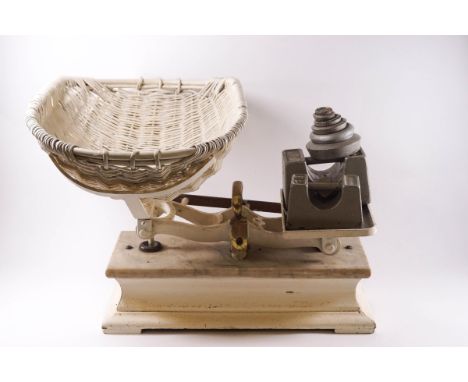 A set of marble base baby weighing scales, with weights and wicker basket (provenance - Charlton Musgrove House and once belo