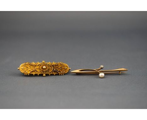 A collection of two 15ct gold brooches : One bar brooch set with a 4.5mm half pearl and a round brilliant cut diamond 2.3mm d