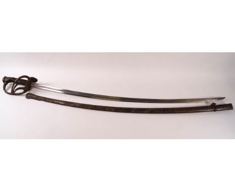 A 20th century cavalry officer's sabre and scabbard, with decorative hilt and engraved monogram, the blade stamped 'E H'