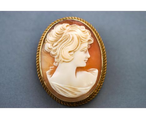 A hallmarked 9ct yellow gold brooch with rope edge design set with an oval shell cameo depicting a female figure. Measuring a