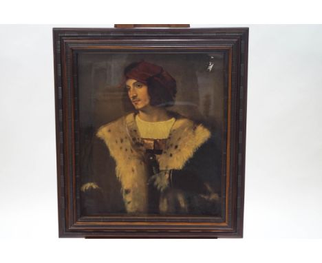 A 19th century Medici print of a man, after a painting attributed to Titian, 60cm x 52cm