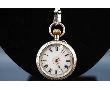 An early 20th century ladies fob watch, with enamelled dial and all over engraved case stamped "800" "Swiss", together with a