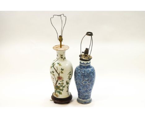 A Chinese famille verte vase, converted to a table lamp and another painted with a repeating stylised foliate decoration in u