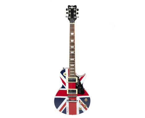 Oasis: an autographed guitar and related memorabilia,comprising; a Gear4 Music Les Paul copy guitar, Union Jack finish, signe