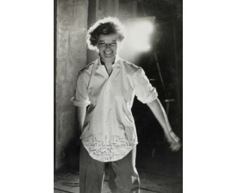 Bob Willoughby (American, 1927-2009): A signed and inscribed black and white photograph of Katharine Hepburn on the set of Th