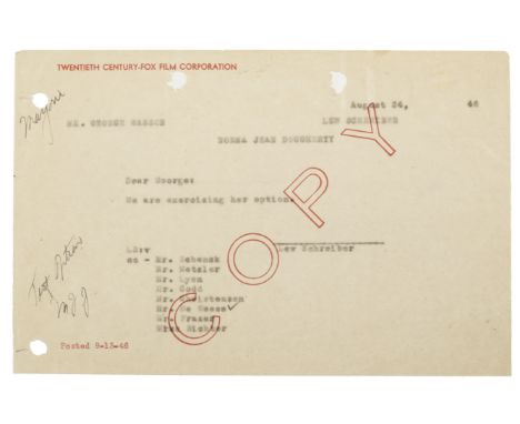 Marilyn Monroe: A rare Fox memo related to Marilyn Monroe's first contract,August 24, 1946, 1p from Lew Schreiber to George W
