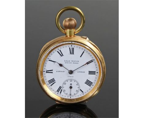 Gold plated exhibition open face pocket watch, the signed white enamel dial Loan Watch, Swiss Made, Wordley London, 53950, th