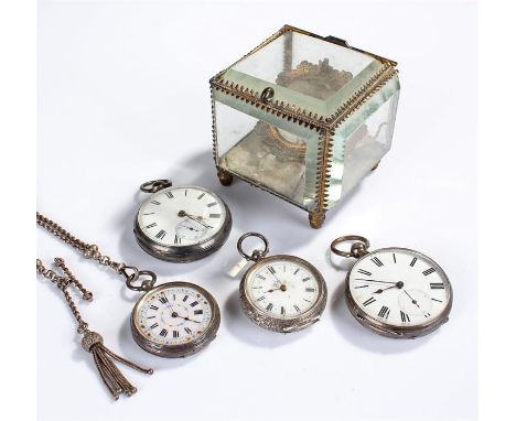 Four silver open face pocket watches, both with white enamel dials, together with a glass watch case and a white metal chain,