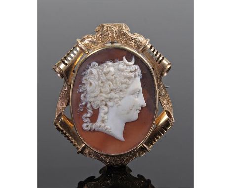 Victorian cameo brooch, of a female profile bust, yellow metal engraved arched surround, 62mm high