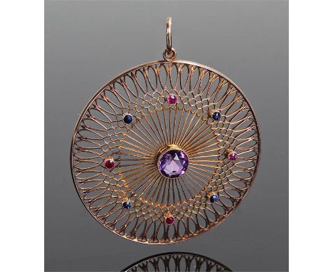 9 carat gold multi stone brooch, the circular pendant with central amethyst, ruby and sapphire surround, 45mm diameter