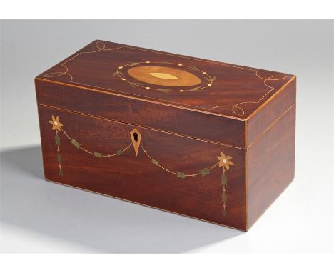 Early Victorian mahogany, boxwood and ivory inlaid tea caddy. The hinged top with leaf and oval inlaid decoration, conforming