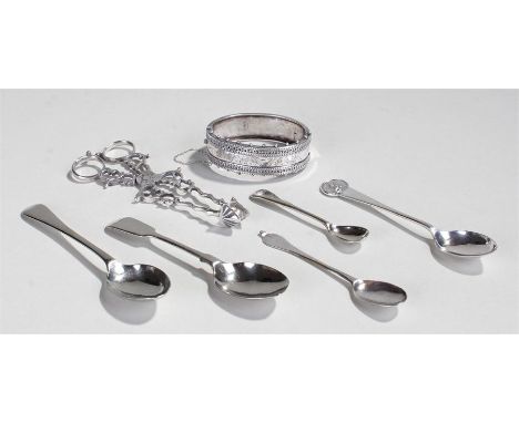 Mixed lot of silver to include a pair of George III style sugar nips, a silver bangle bracelet, a silver teaspoon with a lawn