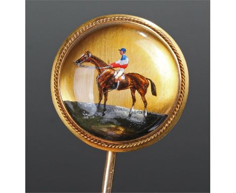 Essex type crystal stick pin, of horse racing interest, with jockey up, mounted on yellow metal, head 20mm diameter