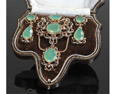 Victorian yellow metal enamelled and jade jewellery set, the pendant with fret scroll and white enamel flower head design, se
